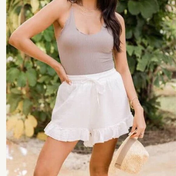 New In Pants - New In White Gauze Ruffled Drawstring Shorts Medium